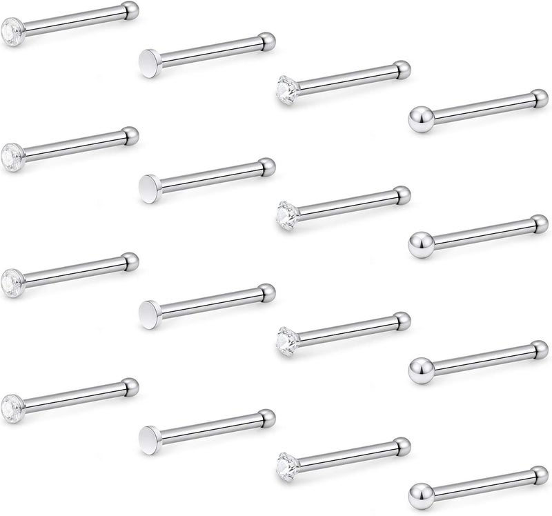 Hoeudjo Nose Studs Surgical Steel Cubic Zirconia Nose Rings Kit for Women Men Tiny Nose Stud Screw & Bone & L Shaped Nostril Rings Piercing Jewelry 22 Gauge 16 Pieces - Image 1